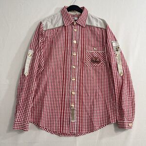 Alphorn Red Gingham Button Up Shirt Mens Size 50 Oktoberfest Alpine Embroidered